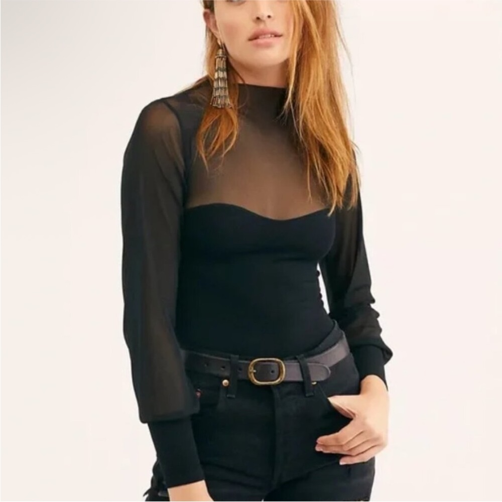 Free People Black Fitted Sheer long sleeve top - size M/L